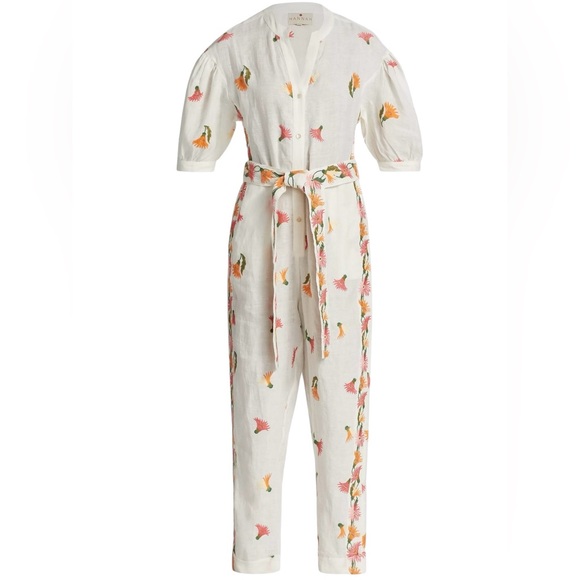 NWT Hannah Jaya Linen Embroider Puff Sleeve Button Split Neck Belted Jumpsuit, M - Picture 2 of 8
